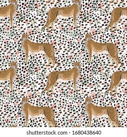 Seamless floral pattern and print with Cheetah illustration in vector graphics. Fashionable multi-colored spring and summer design, textiles, Wallpaper or ornamental background packaging