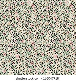 Seamless floral pattern and print with Cheetah speckles illustration in vector graphics. Fashionable multi-colored spring and summer design, textiles, Wallpaper or decorative background packaging