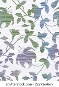 Seamless floral pattern print, gradient color effect. With pastel bright colors. Beautiful composition of flowers, leaves, and branches 