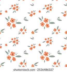 Patrón floral sin fisuras, impresión de mini bonitos ramos. Lindo diseño botánico: Pequeñas flores dibujadas a mano, hojas diminutas en una composición abstracta sobre un fondo blanco. Ilustración vectorial