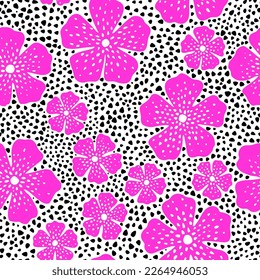 Seamless floral pattern. Print in polka dot style. Pink flowers on a white background with black dots. Summer bright print for textiles. Vector illustration.