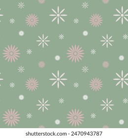 Seamless floral pattern, print of small flowers, tiny leaves in an abstract arrangement on a green background. Vector illustration. Decorative print for wallpaper, wrapping, textile, fashion fabric