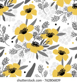 Seamless Floral Pattern For Print, Textile. Background With Yellow Flowers And  Gray Leaves.