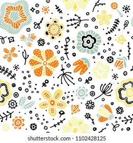 Seamless floral pattern. Prints for textiles. White, orange, grey, blue and black colors. Hand made cartoon style. Vector illustration.