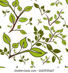 Seamless floral pattern with prints of textural leaves. Gel pen. Botanical background. Bright foliage. Background illustration of exotic leaves. Nature conservation concept. Seal Isolated
