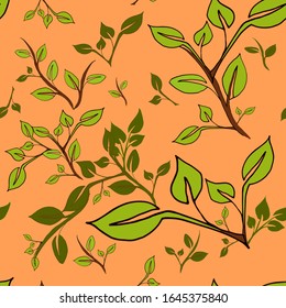 Seamless floral pattern with prints of textural leaves. Gel pen. Botanical background. Bright foliage. Background illustration of exotic leaves. Nature conservation concept. Seal Isolated
