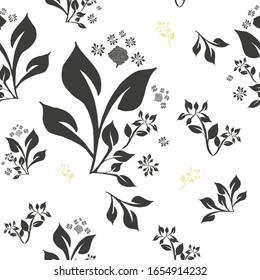 Seamless floral pattern with prints of textural leaves. Gel pen. Botanical background. Bright foliage. Background illustration of exotic leaves. Nature conservation concept. Seal Isolated
