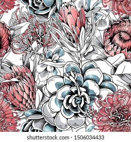 Seamless floral pattern. Protea flowers and succulents. Textile composition, hand drawn style print. Vector illustration.