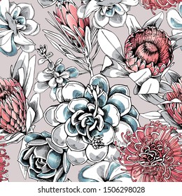 Seamless floral pattern. Protea flowers and succulents. Textile composition, hand drawn style print. Vector illustration.