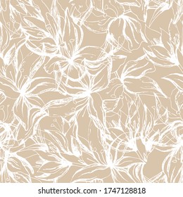 Seamless floral pattern in provence style. Contour white flowers on a beige background for fabric, home textiles and paper for decoration. Vintage texture