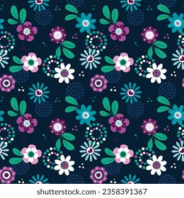 Seamless floral pattern with purple, blue and white flowers, green leaves and dotted design on a navy background