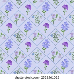 Patrón floral sin fisuras con flores púrpuras y azules sobre fondo azul claro