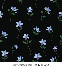 Seamless floral pattern with purple and blue blossoms on navy background, elegant botanical design for fashion, packaging, home decor and paper goods.