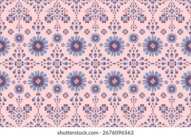 Patrón floral sin fisuras con flores púrpuras y azules sobre un fondo rosa suave. Diseño decorativo elegante, perfecto para la tela, el Fondo de pantalla, el papel de embalaje, y las impresiones textiles.