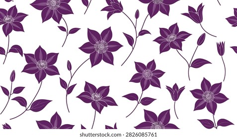 Seamless floral pattern with purple clematis flowers on a white background