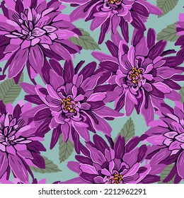 Seamless floral pattern of purple dahlia flowers. Vector hand drawn illustration. For fabrics, wallpaper, wrapping paper, bed linen.