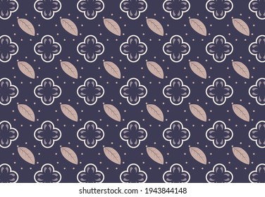 Seamless floral pattern, purple flower and leave pattern with polka dot background . fabric and wallpaper pattern design. Seamless abstract   pattern, hand-drawn, cute, card, gift wrap and wallpaper.