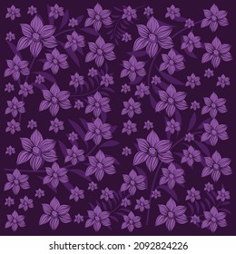 Seamless floral pattern with purple flowers and tropic leaves on a purple background. The elegant the template for fashion prints. Modern floral background. Trendy Folk style.