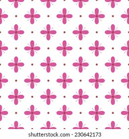 Seamless floral pattern. Purple flowers and red peas on white background