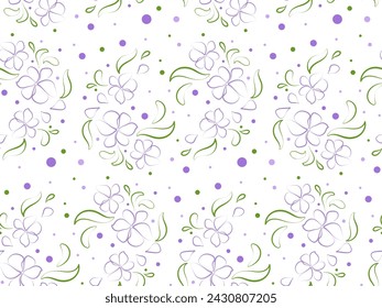Seamless floral pattern of purple flowers and green leaves with lines. Vector endless background in flat minimalistic style for the design of banners, cards, posts, social networks, holidays, , textil
