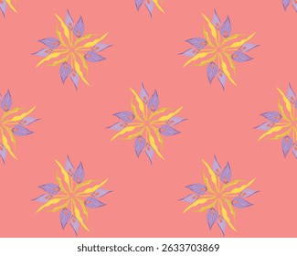 Seamless floral pattern with purple flowers and yellow leaves on coral. Hand-drawn botanical design, perfect for fabric, wallpaper, stationery, and spring-themed projects.