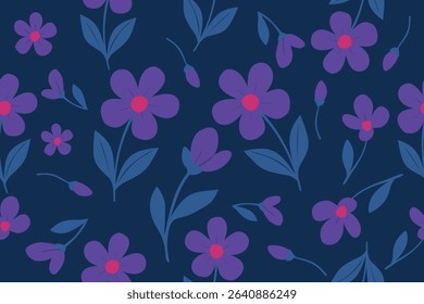 Seamless floral pattern with purple flowers and blue leaves on a dark navy background. Bright red centers add contrast to the elegant botanical design.