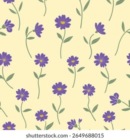Seamless floral pattern with purple flowers and green leaves on soft yellow background for wrapping, fabric, surface design and digital projects.