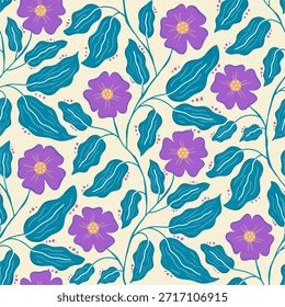 Patrón floral sin fisuras con flores moradas y hojas azules