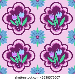 Seamless floral pattern, purple frame motifs and pastel flowers on pink background. Vector Flat Design, Cute Cartoon, Doodle, Botanical, Summer. Ideal for fabric, print, wallpaper, and surface design