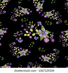 Seamless floral pattern with purple irises, forget-me-nots and other abstract flowers and leaves for printing, fabrics