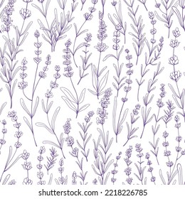 Seamless floral pattern with purple lavender. Botanical background, French violet flowers repeating print. Blossomed herbs texture design with Provence lavanda blooms. Hand-drawn vector illustration