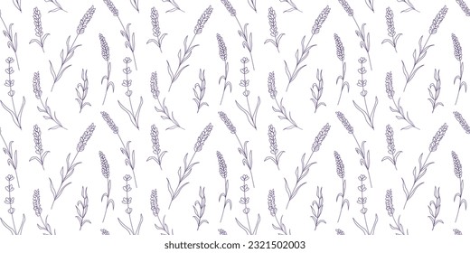 Patrón floral sin foco con lavanda morada. Fondo botánico, flores violetas francesas que repiten la impresión. Diseño de textura de hierbas aromáticas con lavanda provenzal. Ilustración del vector