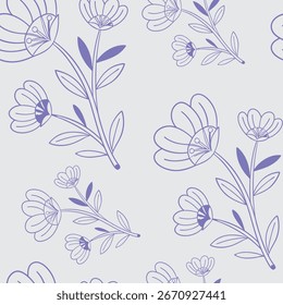 Seamless floral pattern with purple line art flowers on light background, ideal for fabric, wallpaper, and decorative design. Minimal botanical sketch style. High-quality elegant texture.