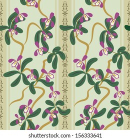 Seamless floral pattern purple orchides on beige