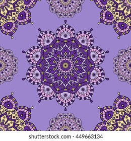 Seamless floral pattern in purple, pink, pale lavender & pale yellow on violet background.