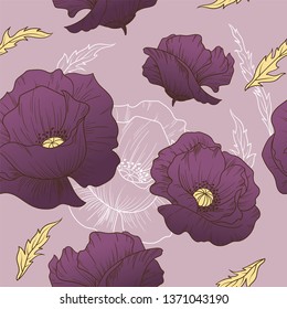 Seamless floral pattern with purple poppy flowers. Vector illustration.