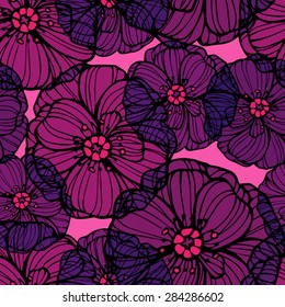 Seamless floral pattern with purple poppy flowers 