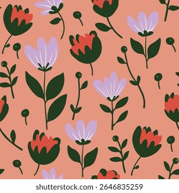 Seamless floral pattern in purple and red tones. Hand-drawn botanical vector design with stylized flowers. Perfect for textile, wrapping paper, wallpaper, and romantic decorative projects.