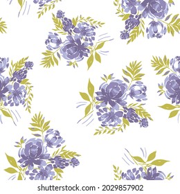Seamless floral pattern with purple rose flowers on white background. Template design for textiles, interior, clothes, wallpaper. Vector illustration art floral bouquets 