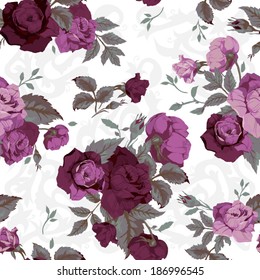 Seamless floral pattern with of purple roses on black background, watercolor. Vector illustration with decoration elements.