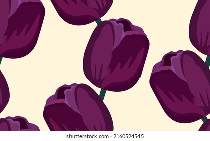 Patrón floral sin foco con tulipanes morados. Estilo de caricatura. Diseño para tela, textil, papel. Ilustración vectorial colorida primavera, flores con hojas. Impresión de vacaciones para el cumpleaños, 8 de marzo.