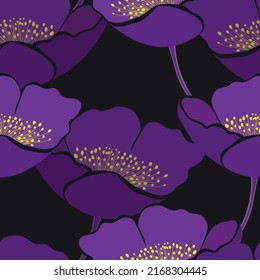 Seamless floral pattern with purple tulips. Cartoon style. Design for fabric, textile, paper. Spring colorful vector illustration, fowers with leaves. Holiday print for Birthday, 8 march