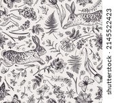 Seamless floral pattern with rabbits and butterflies.
Vintage botanical background. Spring garden flowers. Black and white.