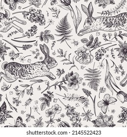 Seamless floral pattern and rabbits   butterflies 
Vintage botanical background  Spring garden flowers  Black   white 