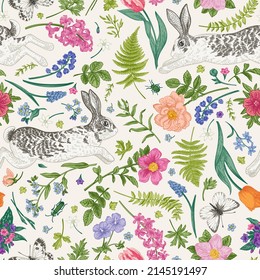 Seamless floral pattern and rabbits  white butterflies   flowers  Beautiful botanical background  Vector elements 