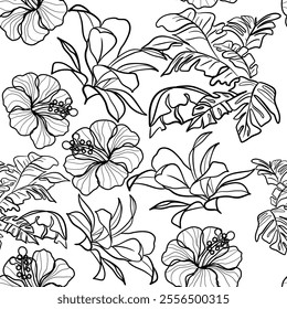 Seamless floral pattern with rainforest plants in doodle technique vector illustration 