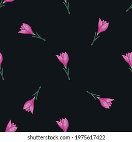 Seamless floral pattern with random pink crocus flowers on dark maroon background. Floral backdrop. Vector illustration for seasonal textile prints, fabric, banners, backdrops and wallpapers.