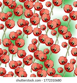 Patrón floral sin foco de flores de tulipán rojo, adornadas al azar, sobre un fondo blanco con manchas verdes borrosas. Decoración de moda y glamorosa de cualquiera de tus proyectos publicitarios audaces.