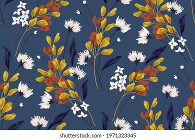 Seamless floral pattern. Randomly arranged white flowers, blue and yellow leaves on a dark background. Vector.