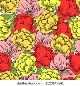 Seamless floral pattern Ranunculus, Trollius asiaticus flower, Globeflower hand drawn vector sketch isolated on white backdrop, Kupavka for design package, medicine, wedding invitation, greeting card